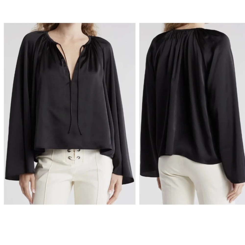 NWOT Frame Denim Black Gathered Peasant Blouse Large